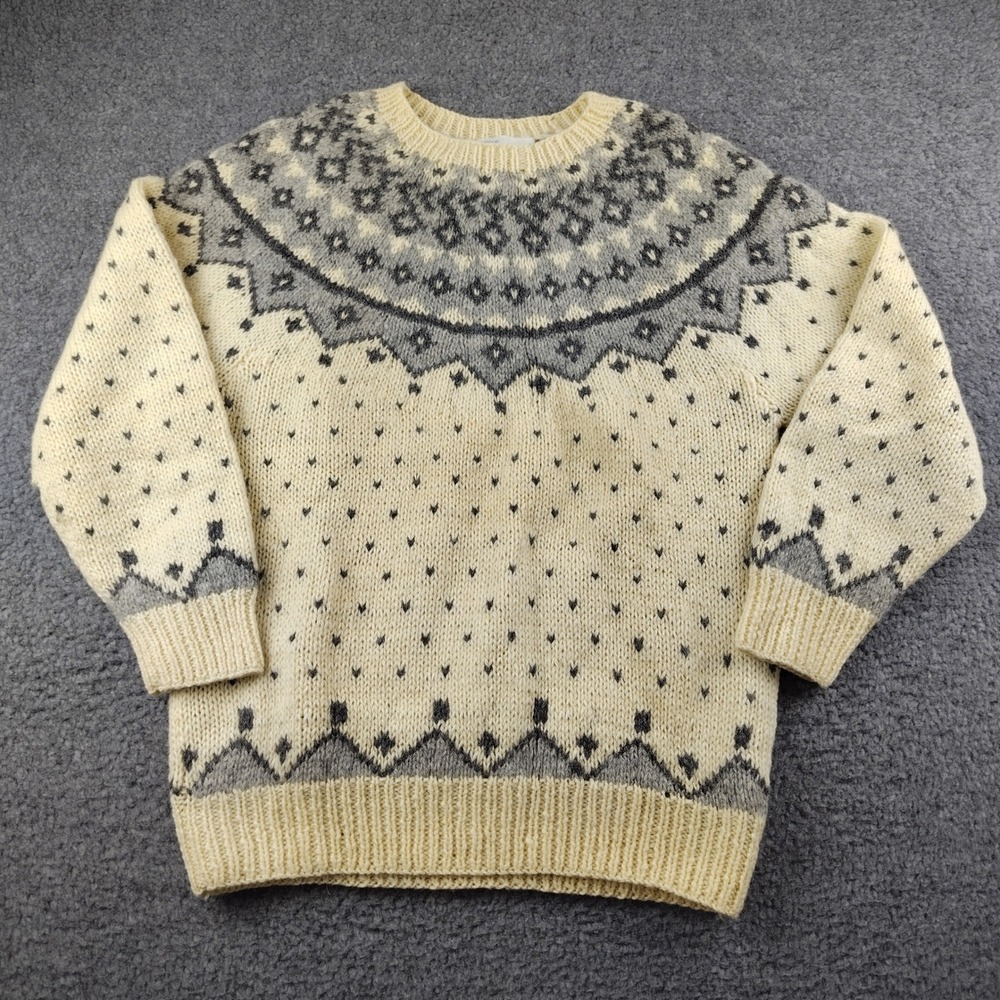 VTG Deans of Scotland Womens Shetland Wool Fair Isle Sweater Cream Birdseye Sz M